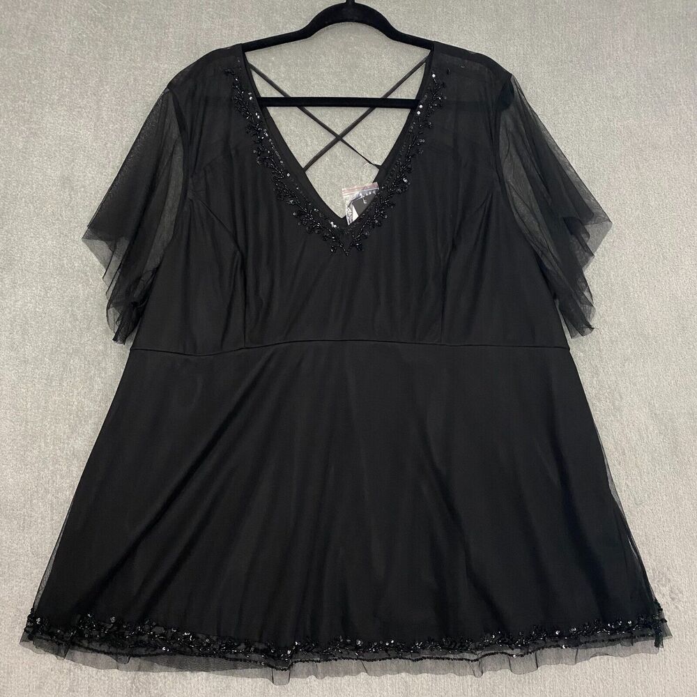 Torrid Women Top 4 Black Beaded Mesh Flutter Sleeve Office Siren Whimsigoth‎ - Picture 2 of 12